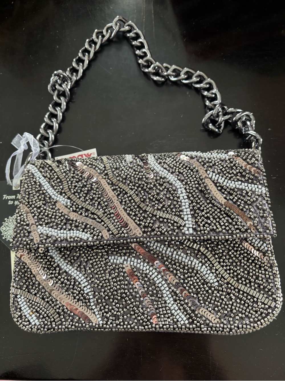 Beaded Evening Clutch with Chain Strap - Silver & Rose Gold Accents